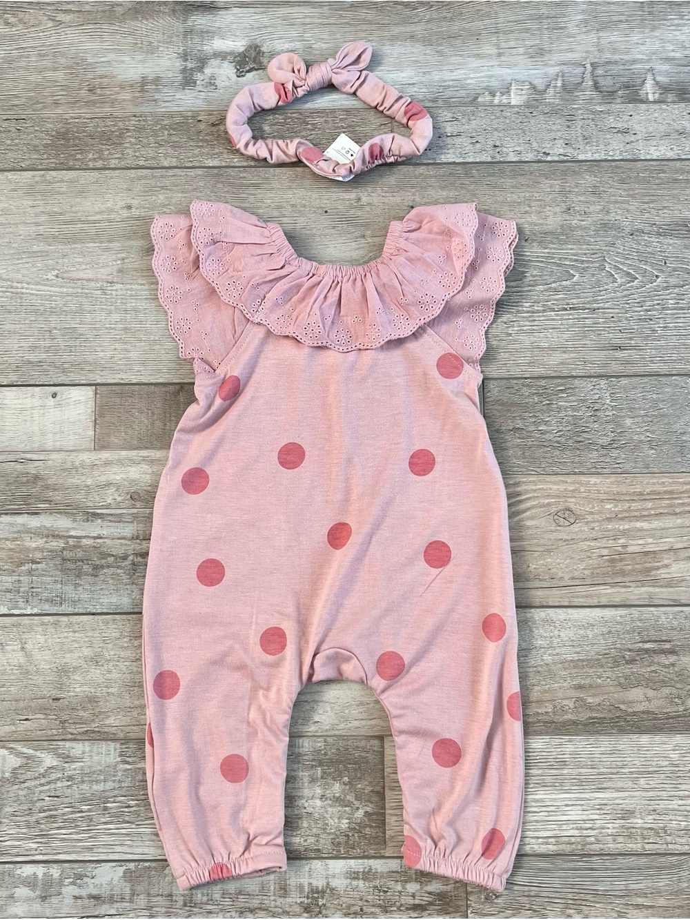 NWT Jessica Simpson Mauve Dot Romper and Headband Set Size 3/6 Months - Picture 5 of 5
